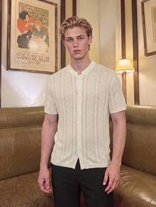 Men Old Money Style Hollow Knit Short Sleeve Cardigan, Diamond Texture Breathable Top, Casual Blouse For Vacation Daily Wear - Apricot - View 3