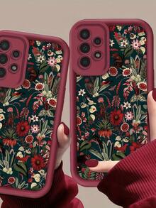 1pc Dark Green Plant & Floral Print Phone Case, Burgundy Leather Frame Shockproof Soft TPU Protective Cover, Compatible With GALAXY, HONOR, Phones - Burgundy - View 5