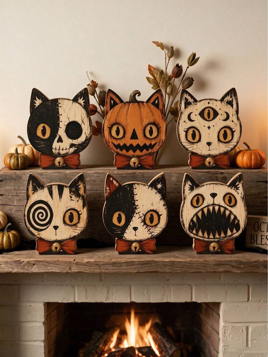 6pcs/1pc Vintage Halloween Indoor Decor, 15cm/5.91in Halloween Cat Wooden Shelf Decor Blocks, Skull, Black Cat, Primitive Style Halloween Decoration, Housewarming Gift, Gothic Style Wooden Cat Head, Handmade Distressed Antique Skull Cat Head, Indoor Decoration, Vintage Wooden Block Shelf Decor, 6 Styles Available, Collectible Figurines