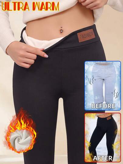 Women'S Casual Thermal Lined Warm Base Layer Pants Thick Jogger Trousers Tights Black Winter