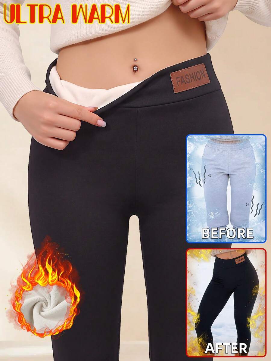 Women'S Casual Thermal Lined Warm Base Layer Pants Thick Jogger Trousers Tights Black Winter - Black - View 1