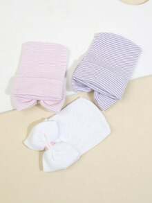 YIYIQCSJ 3pcs Baby Newborn Hat Set Striped Pattern Bow Decor Cute Beanie Soft Suitable For Baby Girls Boys 0-3 Months - Multicolor - View 4