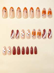 24pcs Almond Shape Halloween Press-On False Nails, Elegant Glitter Orange Pumpkin, White Ghost, Red & White Line French Full Coverage Fake Nails Set, Includes Jelly Glue And Mini Nail File, Suitable For Women And Girls Daily Wear, Party, Shopping, Dating, DIY, Jelly Glue Randomly Sent - Multicolor - View 2