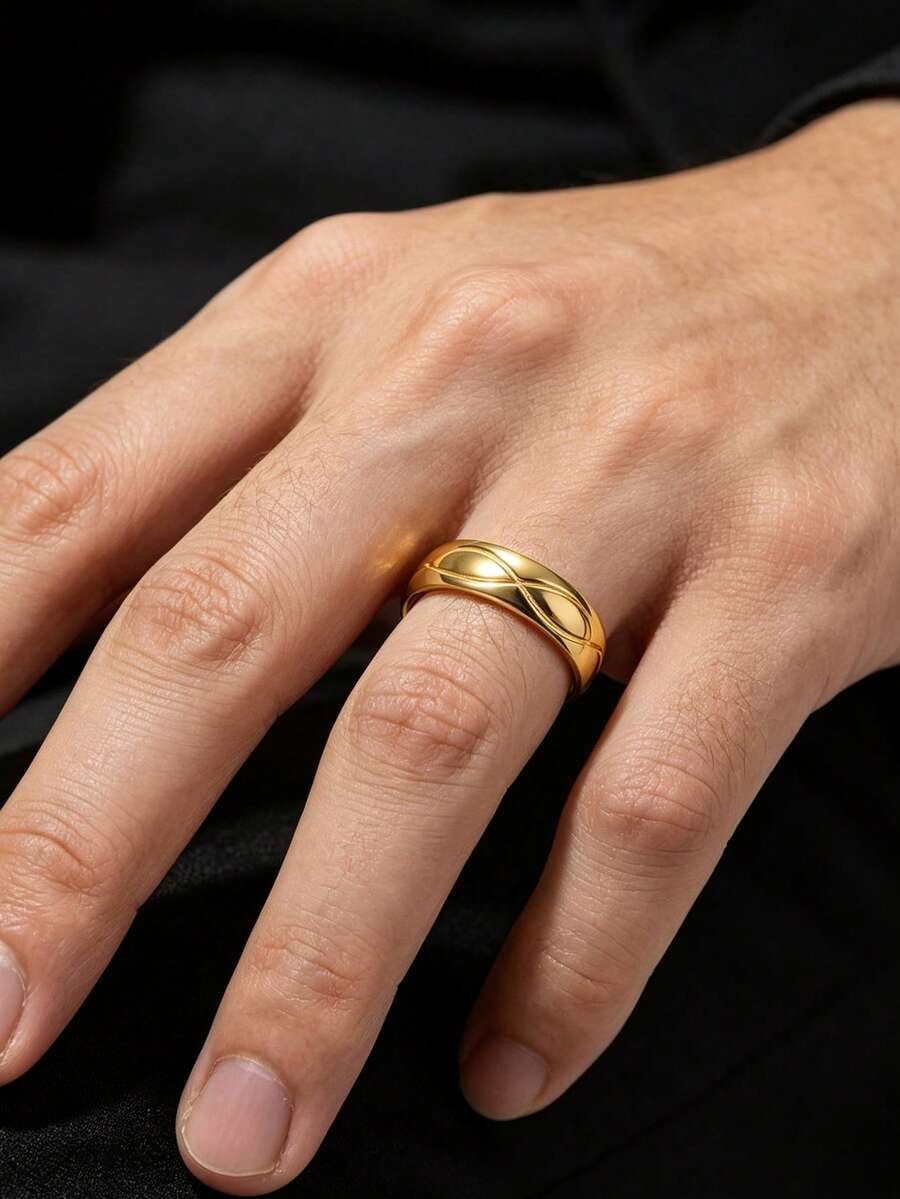 1pc Men's Business Style Stainless Steel Ring With 3D Twisted Line Detail, Plain Band For Daily Commute, Office, Anniversary Gift - Yellow Gold - View 1