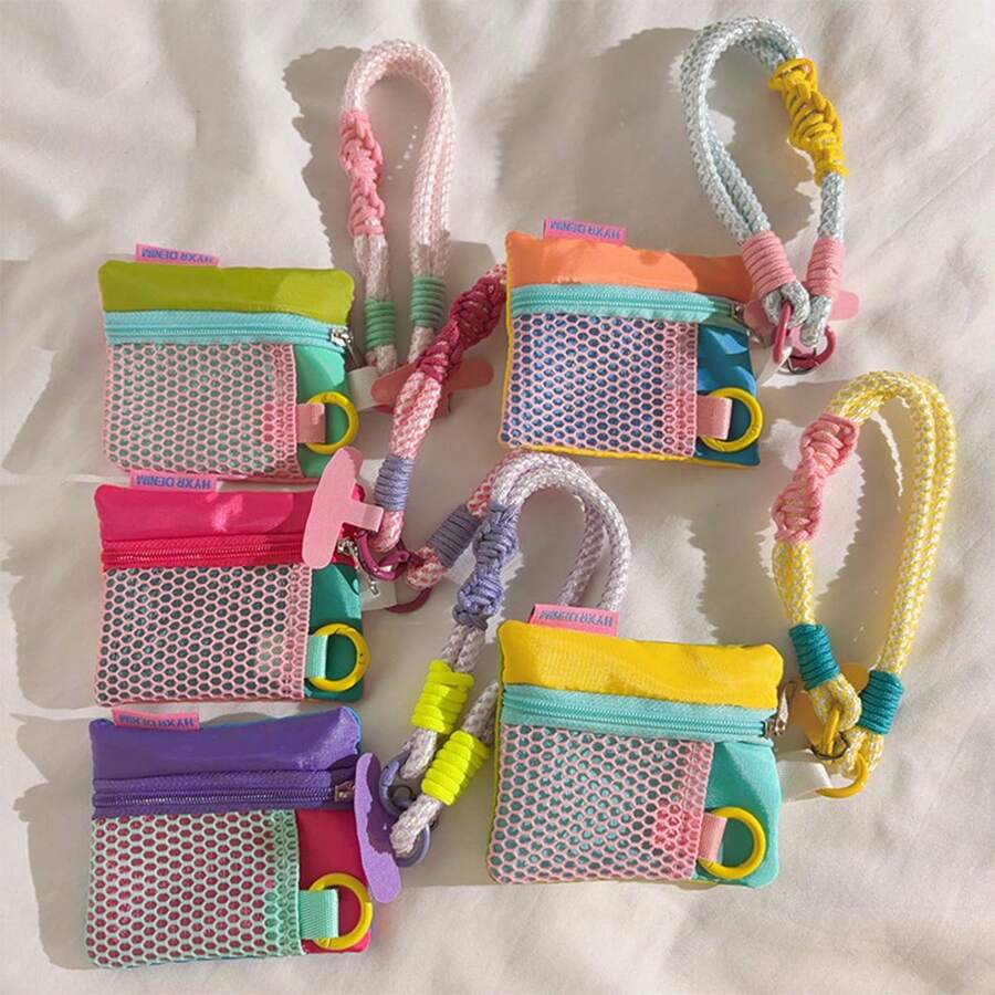 1PC Mesh Hollow Coin Purse Phone Charm Nylon Woven Crossbody Lanyard Suitable For Phone Case Dopamine Colorful Versatile Women's Storage Bluetooth Earphone Universal Key Portable Hanging Chain - Multicolor - View 1
