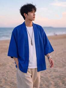 Men's Kimono Style Loose Fit Casual Open Front Kimono Shirt, 100% Polyester, Lightweight Breathable Flowy Fabric, Solid Color Versatile Single Layer, Thin Air Conditioning Top - Blue - View 7