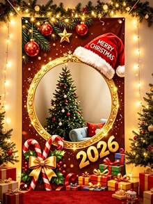1件聖誕吊掛背景布，附聖誕帽、糖果棒與禮物盒設計，2026聖誕快樂拍照亭橫幅，圓形鏤空，120*75cm聖誕自拍相框背景布，派對背景裝飾，聖誕裝飾，Xmas裝飾，裝飾，Navide裝飾，節日派對拍照道具 - 彩色 - 查看 4