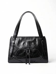 Black PU Patchwork Zipped Shoulder Bag With Metal Lettering – Women's Square Tote Bag, Large Capacity Ideal For Daily Commuting, Punk And Biker Styles - Black - View 7