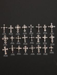 24-Grid Box/120pcs Bulk Mixed Vintage Rhinestone Cross Metal Nail Art Charms, Punk Style Silver Cross 3D Nail Decor Accessories DIY Rhinestone Decoration Set - Multicolor - View 4