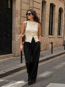 Cream Textured Stand Collar Single-Breasted Sleeveless Knit Vest, Slim Fit Cropped French Style Commuter Layering Tank Top For Women - Apricot - View 3