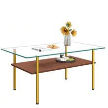 Modern Coffee Table With Glass Top And MDF Shelf, Living Room Table With Gold Metal Legs, Rectangular Sofa Table With Luxurious Design, Wood Effect-H45/L98/D58 Cm - 棕色 - 查看 5