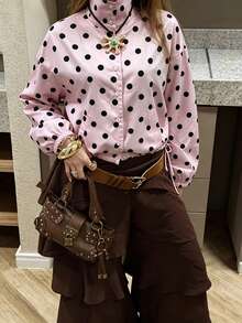 Autumn/Winter New Pink Foundation Black Polka Dot Stand Collar Drawstring Hem Single-Breasted Jacket, Elegant Casual Vacation Commuter Style - Pink - View 2