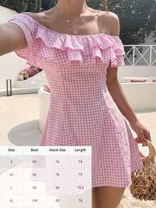 Anyi Women's Plaid Off-Shoulder Mini Dress, A-Line Short Sleeve Woven Pink Summer Babydoll Dress Elegant - Pink - View 2