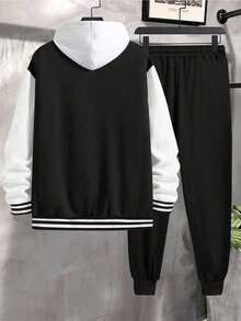 2pcs/Set Boys' Casual Outdoor Colorblock Commuter Comfortable Jacket And Sweatpants - Black - View 2