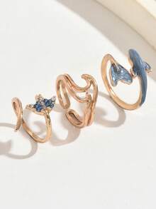 3pcs/Set Ocean Style Dolphin Tail Rings, Geometric Asymmetrical Women's Fashion Personalized Ring Set, Suitable For Beach Vacation Party - Gold - View 4
