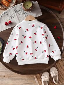 Girls' Autumn White Fruit Pattern Cherry Long Sleeve Cardigan, Cute Simple Ribbed Cuffs, Soft Comfortable Button-Up Top, Spring Style - White - View 2