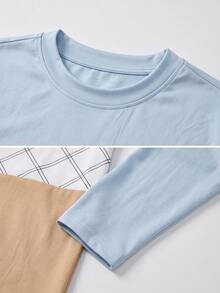 Men's Contrast Color Argyle Patchwork Crew Neck Long Sleeve T-Shirt, Casual Versatile Slim Fit Base Layer Top - Mint Blue - View 5