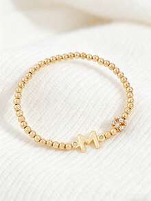 1Pc A-Z Letter Beaded Stretch Bracelet, Rhinestone Ball Charm Alphabet Elastic Bracelet, Personalized Stackable Bead Hand Jewelry For Girls Daily Gift - Multicolor - View 33