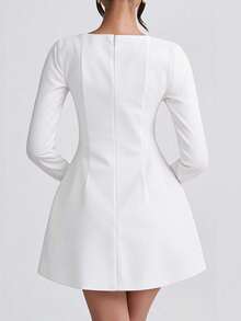 Women's Elegant White Long Sleeve Square Neck A-Line Mini Dress, Knitted Fabric, Casual Style - White - View 5