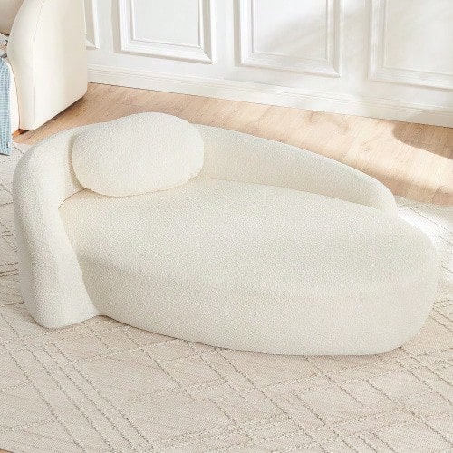 Minimalist Teddy Fleece Sofa With Rounded Design, Soft Padded Couch With Cushions, Versatile For Living Room, Bedroom And Studio, Beige - Beige - View 1