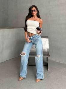 SQUALO Women's Sexy Blue Washed High Waist Jeans With Ripped For Going Out Party - Teal Blue - View 2