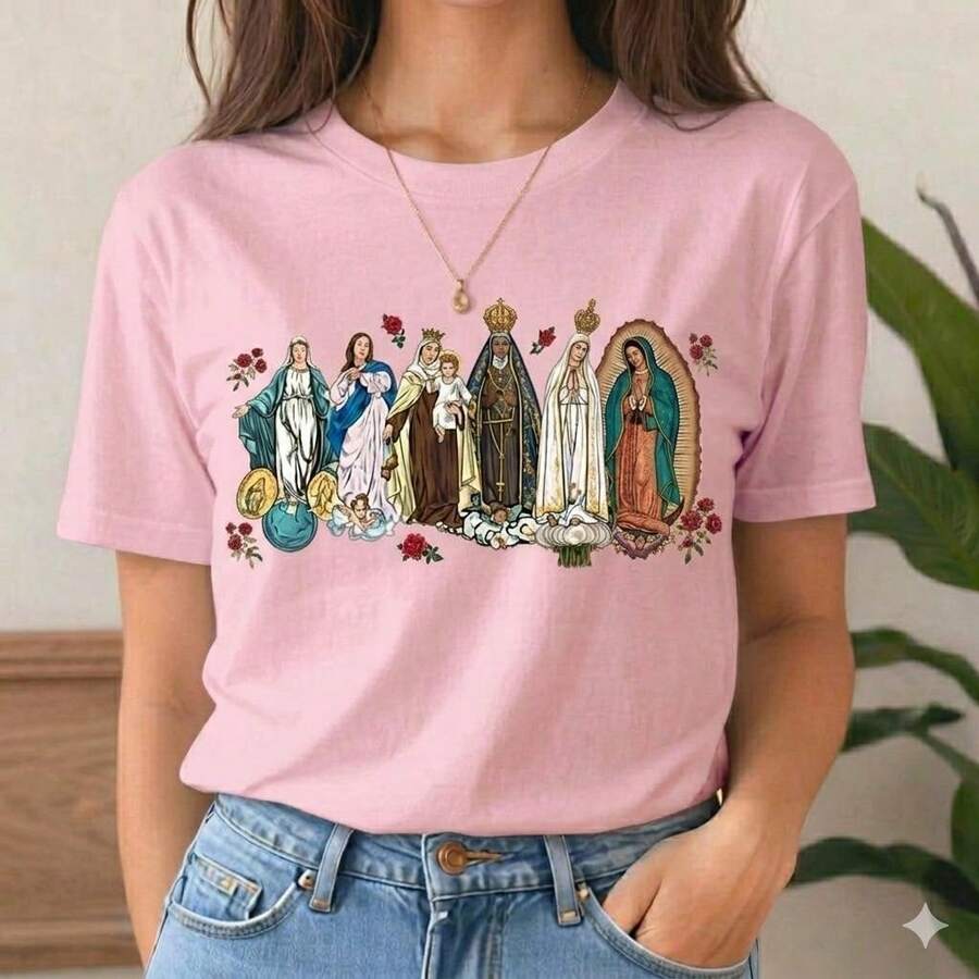 Camiseta Estampa SANTAS VIRGEM MARIA, CATÓLICA, CRISTÃ GOSPEL RELIGIOSA MISSA Blusa Algodão - Rosa Bebê - Visão 1