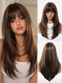 22-Inch Ombre Butterfly Highlights Brown Synthetic Wig With Bangs, 100% Imported Fiber Hair, Suitable For Cosplay, Festivals, Y2K, Halloween And Other Occasions - Brown Highlight - View 3