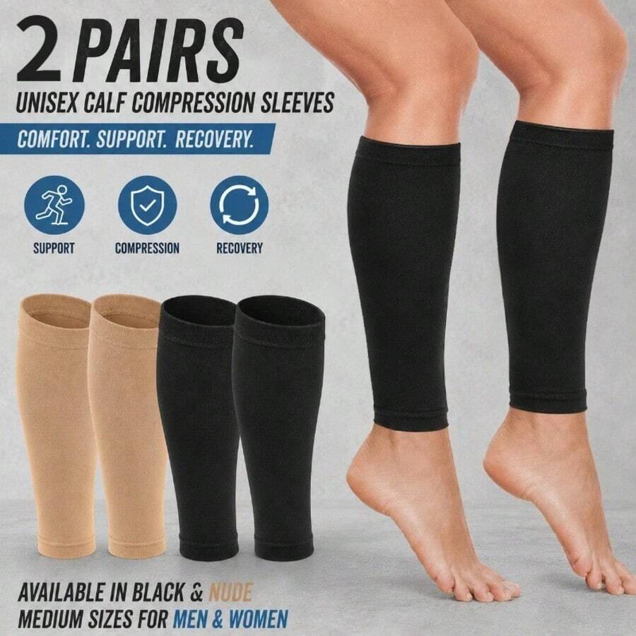 2 Pairs Unisex Calf Compression Sleeves Leg Support Socks, Soft Elastic Comfortable Fit, Suitable For Running Training, Daily Activities, Sports, Sports Socks, Black/Nude, Size M - Multicolor - View 1