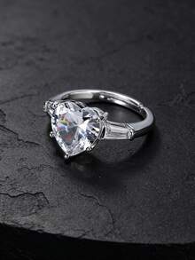 MONALLY Heart Cubic Zirconia Ring Engagement Ring Women Promise Ring Open Adjustable Ring Baguette Side Stones Ring Heart Wedding Band Jewelry Gift - Open Ring - View 5