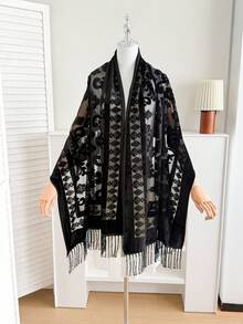 1pc Women's Velvet Jacquard Fringed Scarf, Women's Muslim Headscarf, Soft And Lightweight Shawl, Elegant Headscarf For Daily Travel, Fashionable Shawl - Multicolor - View 13