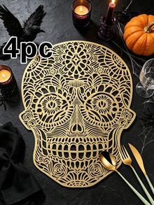 1/4/6 piezas Manteles individuales de PVC con calavera de Halloween y lámina dorada, decoración de hotel y restaurante, resistentes al calor y antideslizantes, manteles de estilo occidental para bodas, fiestas, Halloween, festival de cosecha de otoño, celebraciones festivas, picnics, camping, banquetes de cumpleaños, decoración de mesa de comedor - Multicolor - Ver 15