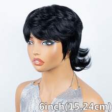 Short Straight Mullet With Bangs Short Pixie Cut Wigs For Women Brazilian Remy Hair Wig 6inch 180% Density Machine Made Glueless Wig For Halloween Natural Color For Daily Wear - Natural Black - View 5