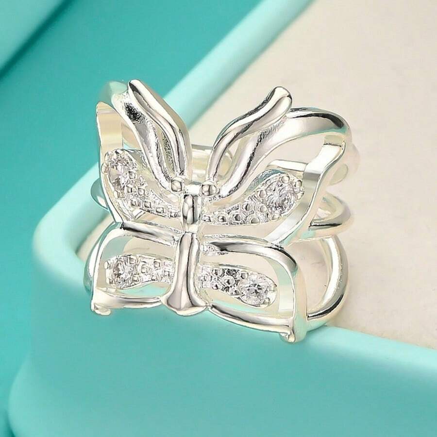 Charm 925 Silver Plated Crystal Butterfly Ring For Women Adjustable Fashion Retro Wedding Party Gift High Quality Jewelry - Silver - View 1