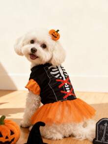 LUCKIE PAW 1 buah Gaun Tali Tengkorak Halloween Pola Lucu untuk Hewan Peliharaan, Rok Tutu Jala Anti Kutu, Mengurangi Kerontokan Bulu, Isolasi Panas, Bernapas, Cocok untuk Anjing Besar dan Kecil, Kucing, Dalam dan Luar Ruangan - Jeruk - View 3