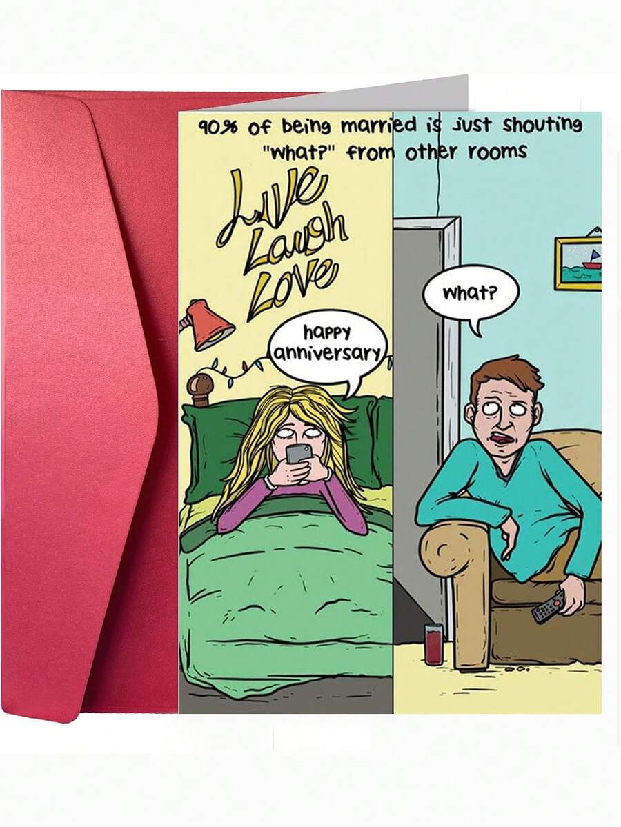 1pc Funny Married Couple Split Panel Cartoon Anniversary Greeting Card, 90% Marriage Is Shouting What From Other Rooms Humor Print, Live Laugh Love Sarcastic Novelty Gift For Husband Wife Spouse, Thicker And Larger Envelope And Card - Multicolor - View 1