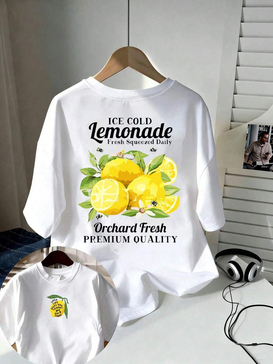 T-shirt uomo, a righe blu e bianche con motivo a limoni, attività ricreative e regali di viaggio, abbigliamento estivo da uomo, T-shirt da uomo per amanti dello stile italiano - Modello casual bianco - Visualizzare 1