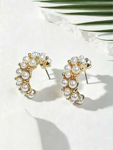 1 Pair European And American Exquisite Fashion Half-Circle Stud Earrings With Small Beads, Suitable For Women's Daily Wear Or Party - Half Hoop Earrings - View 8