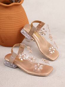 Girls' Summer Low Heel Rhinestone Sandals, Transparent Crystal Shoes, Suitable For Parties And Holiday Celebrations - Champagne - View 3