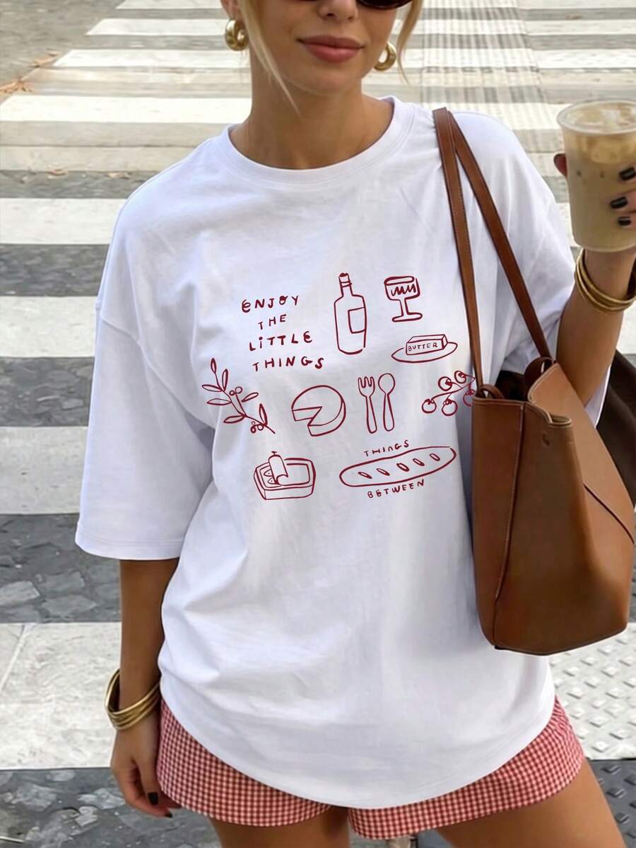 Plus Size Women's Daily Food Sketch Print Crew Neck Short Sleeve Casual Spring/Summer/Fall T-Shirt Top For Summer Holiday White - White - View 1
