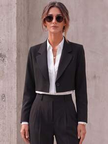 Women's Elegant Black Short Blazer, Long Sleeve Design; Fashionable Woven Fabric Blazer For Autumn - Black - View 2