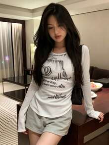 Korean Style Distressed Butterfly Print Slim Fit Long Sleeve Base Layer Top For Women Casual White - White - View 3