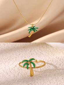 1pc Or 1set Stainless Steel Palm Tree Necklace & Ring, Unisex, 18K Gold Plated Coconut Tree Ring & Necklace, Plant Pendant Jewelry - Style 3 - View 3