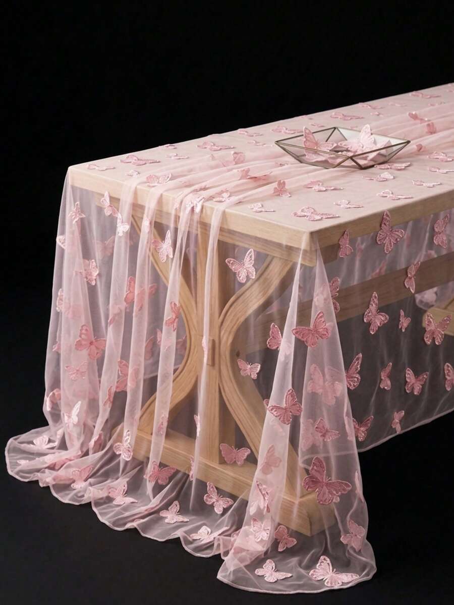 1pc Pink Butterfly Mesh Tablecloth, Double-Sided Polyester Lace Table Cover, Size 220*130cm, Wedding Decoration, Bridal Shower Decor, Birthday Party Decor, Banquet Table Decor, Anniversary Celebration, Table Decoration