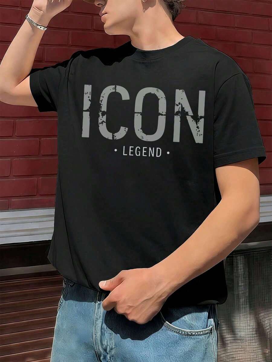 Herren T-Shirt mit ICON LEGEND Design, hochwertiger Stoff, lockere Passform, bequem zu tragen, lässig, einzigartiger Grafikdruck - Schwarz - Übersicht 1