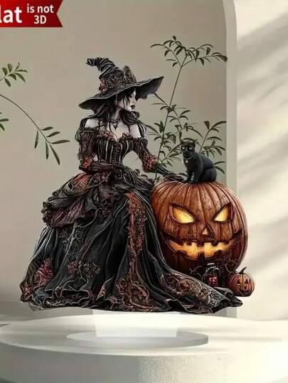 1pc 2D Flat Elegant Gothic Witch & Black Cat Acrylic Desktop Decor - Classic Halloween Pendant, Pumpkin & Bat Design, No Battery Required, Home Office Collectible, Frameless Asymmetrical Shape, Handmade Style, Dark Aesthetic, Halloween Home Decor, Spooky Atmosphere, Bat Decoration