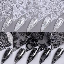 Bộ 10 miếng giấy chuyển họa tiết nail đen trắng - họa tiết ren vintage, hoa và ô kẻ; trang trí móng tay mùa đông lễ hội dễ thương, phù hợp cho DIY và sử dụng tại salon - Nhiều màu - Xem 9