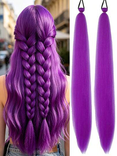 2 perucas trançadas roxas estilo K-POP para meninas, com 66 cm (26 polegadas), combinando textura de cabelo longo e liso com acessórios de cabelo rabo de cavalo volumosos e resistentes ao calor, ideais para meninas usarem em festas e encontros do dia a dia.