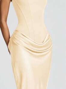 Fitted Long Satin Draped Dress With Tie Back, Elegant Summer Birthday Party Evening Dress - Light Yellow - View 6