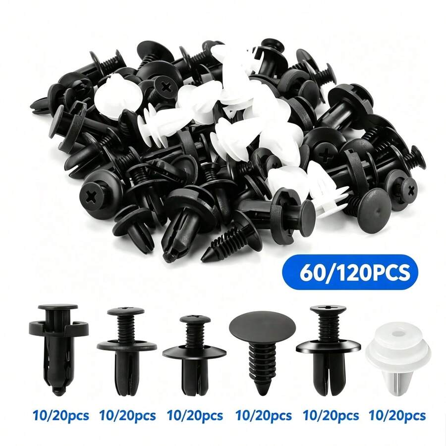 60/120 piezas Clips de retención para coche, juego de remaches de plástico con 6 tamaños, kit de clips para parachoques, carrocería, puerta y panel de moldura para camiones y motocicletas - Blanco y Negro - Ver 1