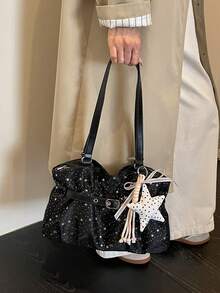 New Casual Solid Color Oxford Cloth Tote Bag, Star Pattern, Pleated Fabric Women Shoulder Bag - Black - View 6